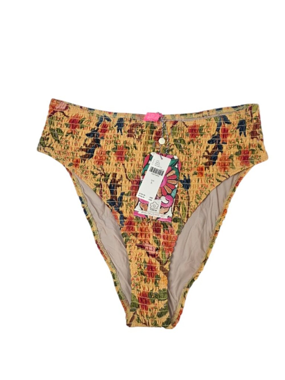 Farm Rio Smocked Bikini Bottoms, Mid Rise, Floral, Size Large, Vacation, Resort